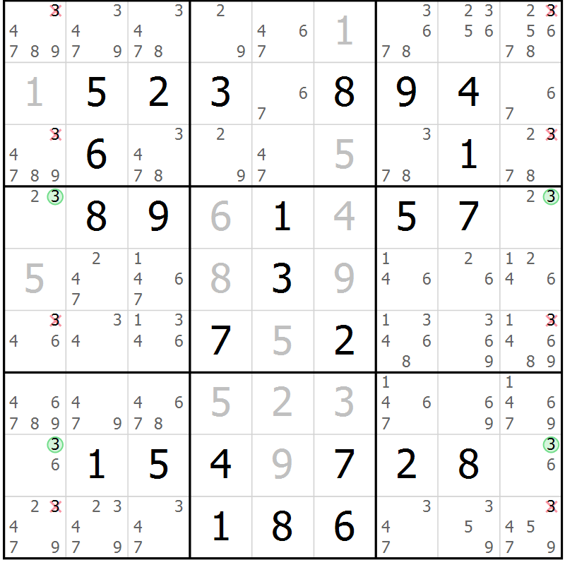 Position des candidats pour la solution de la Gr 56 page 59 du magazine de sudoku Virtuose n° 126