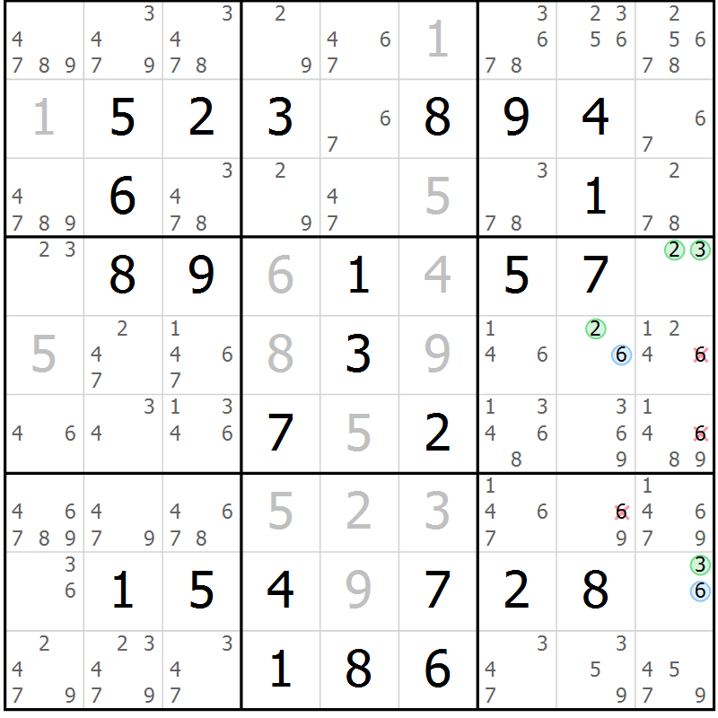 Position des candidats pour la solution de la Gr 56 page 59 du magazine de sudoku Virtuose n° 126