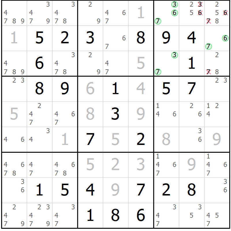 Position des candidats pour la solution de la Gr 56 page 59 du magazine de sudoku Virtuose n° 126