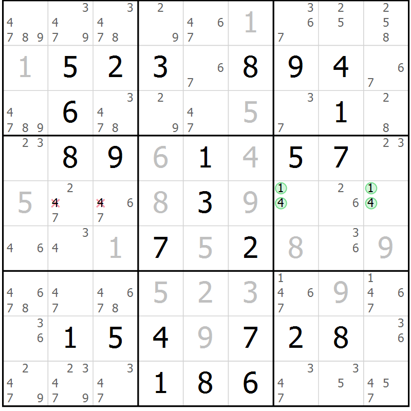 Position des candidats pour la solution de la Gr 56 page 59 du magazine de sudoku Virtuose n° 126