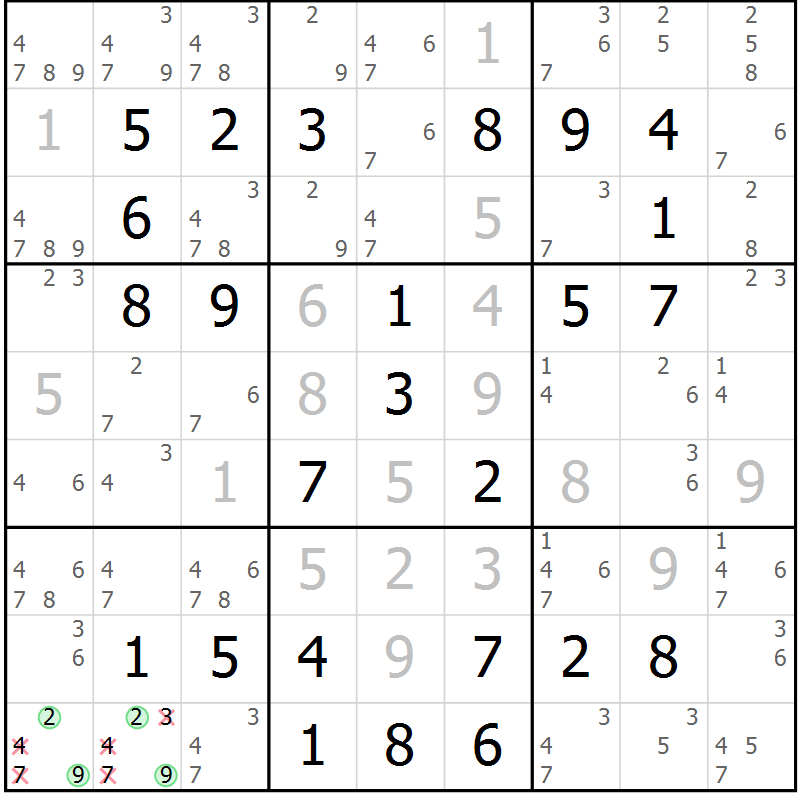 Position des candidats pour la solution de la Gr 56 page 59 du magazine de sudoku Virtuose n° 126