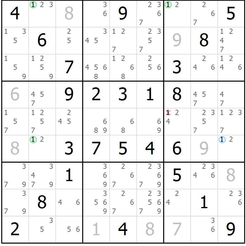 Position des candidats pour la solution de la Gr 57 page 60 du magazine de sudoku Virtuose n° 126