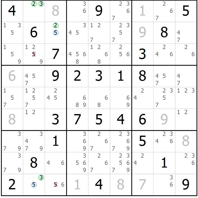 Position des candidats pour la solution de la Gr 57 page 60 du magazine de sudoku Virtuose n° 126