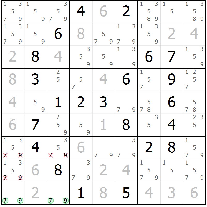 Position des candidats pour la solution de la Gr 58 page 61 du magazine de sudoku Virtuose n° 126