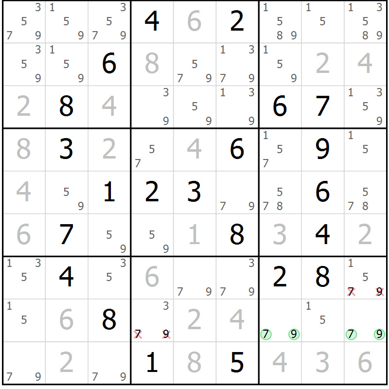 Position des candidats pour la solution de la Gr 58 page 61 du magazine de sudoku Virtuose n° 126