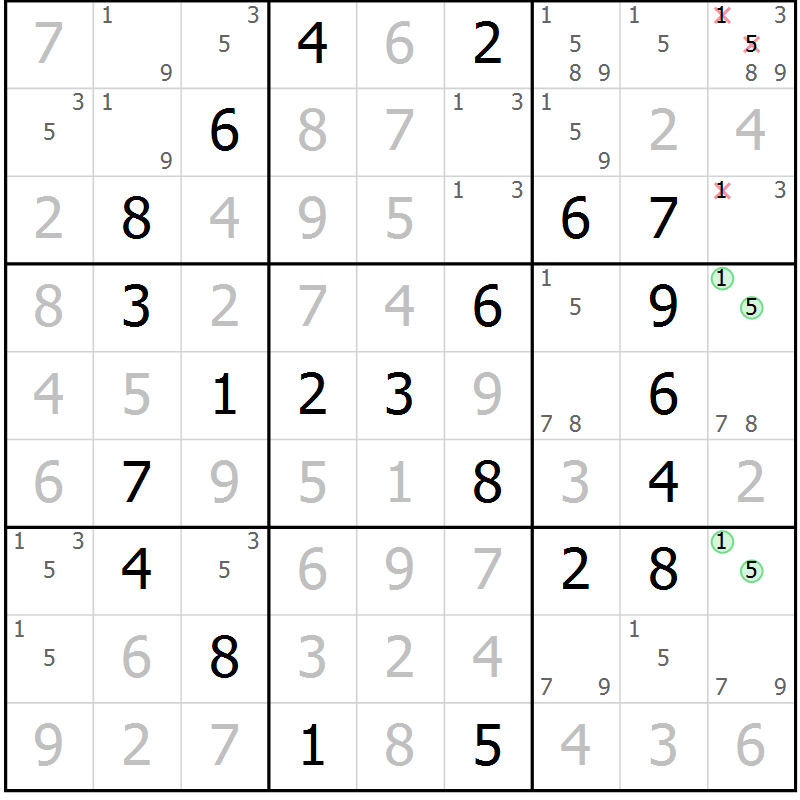 Position des candidats pour la solution de la Gr 58 page 61 du magazine de sudoku Virtuose n° 126