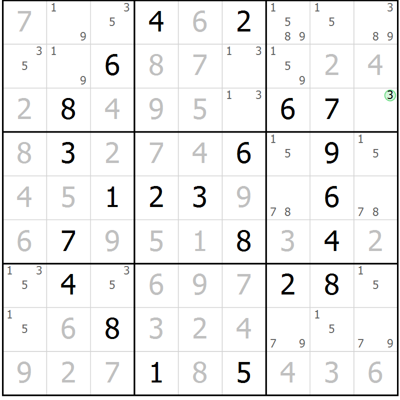 Position des candidats pour la solution de la Gr 58 page 61 du magazine de sudoku Virtuose n° 126