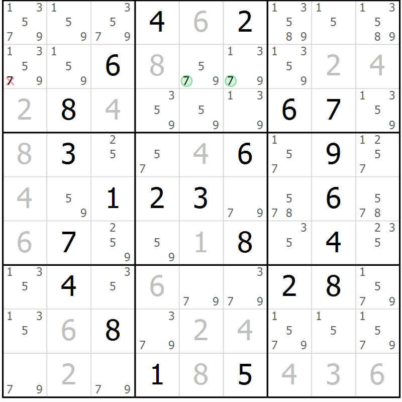Position des candidats pour la solution de la Gr 58 page 61 du magazine de sudoku Virtuose n° 126