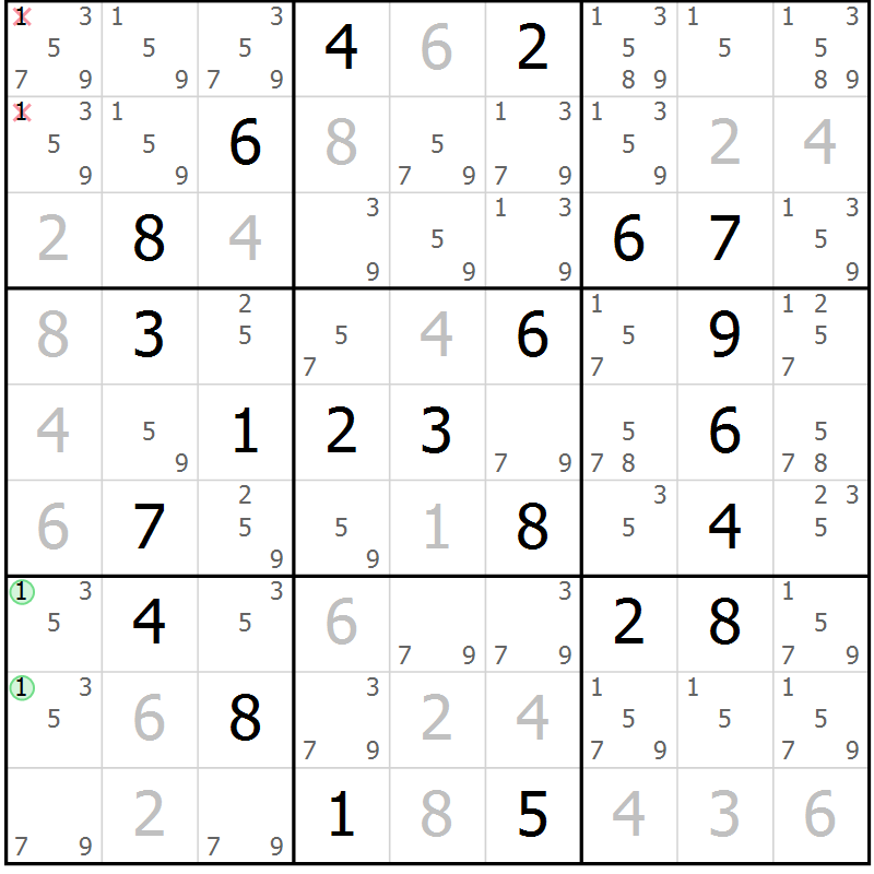 Position des candidats pour la solution de la Gr 58 page 61 du magazine de sudoku Virtuose n° 126