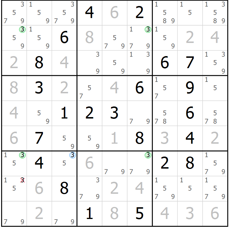 Position des candidats pour la solution de la Gr 58 page 61 du magazine de sudoku Virtuose n° 126