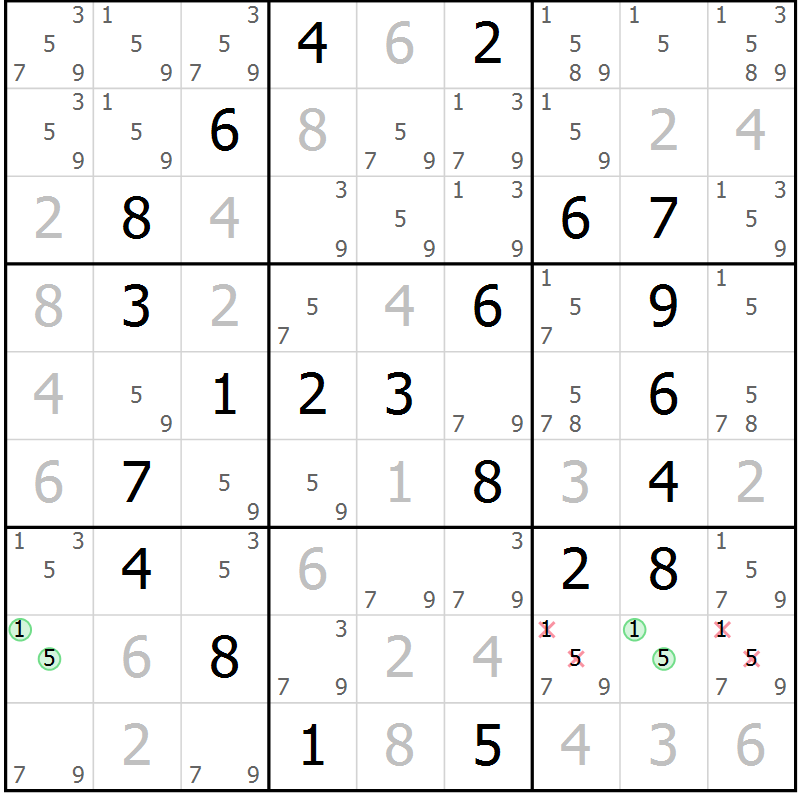 Position des candidats pour la solution de la Gr 58 page 61 du magazine de sudoku Virtuose n° 126
