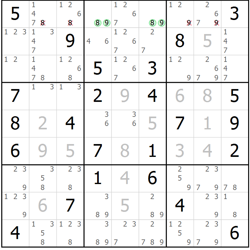 Position des candidats pour la solution de la Gr 59 page 62 du magazine de sudoku Virtuose n° 126