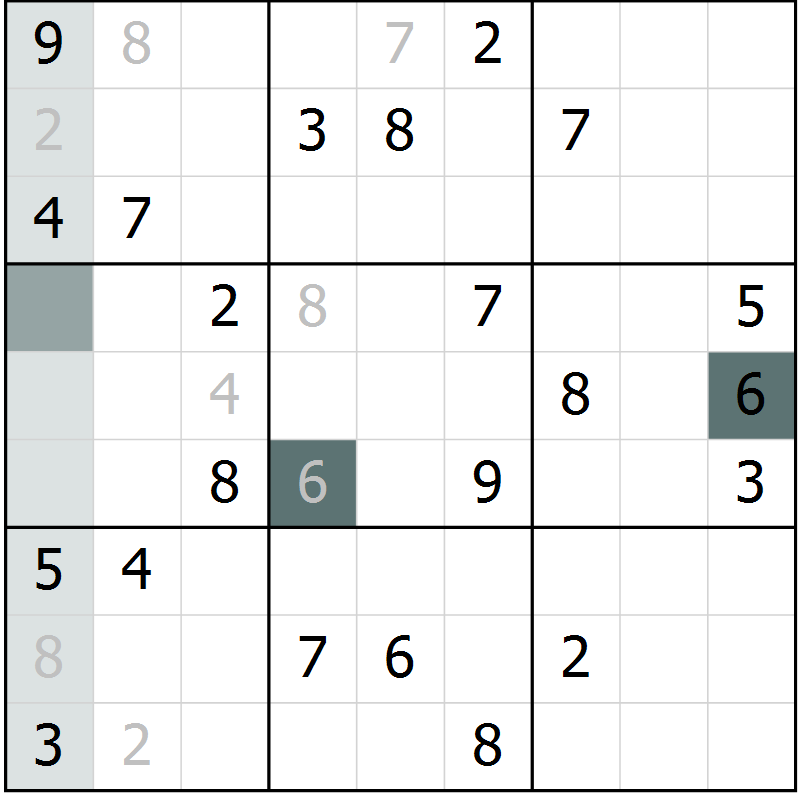 Position des candidats pour la solution de la Gr 6 page 9 du magazine de sudoku Virtuose n° 126
