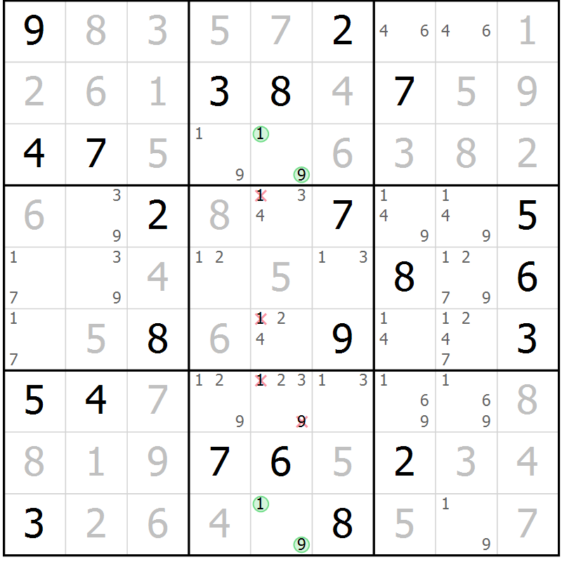 Position des candidats pour la solution de la Gr 6 page 9 du magazine de sudoku Virtuose n° 126