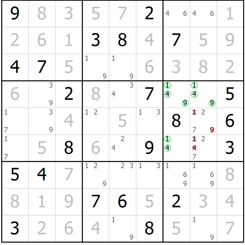 Position des candidats pour la solution de la Gr 6 page 9 du magazine de sudoku Virtuose n° 126