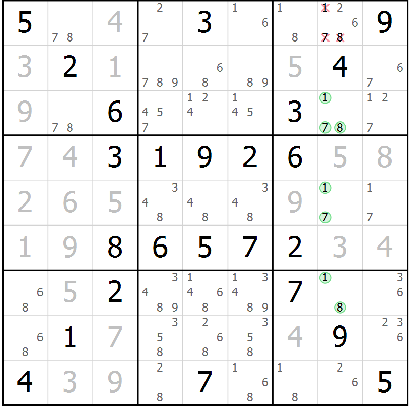 Position des candidats pour la solution de la Gr 61 page 64 du magazine de sudoku Virtuose n° 126