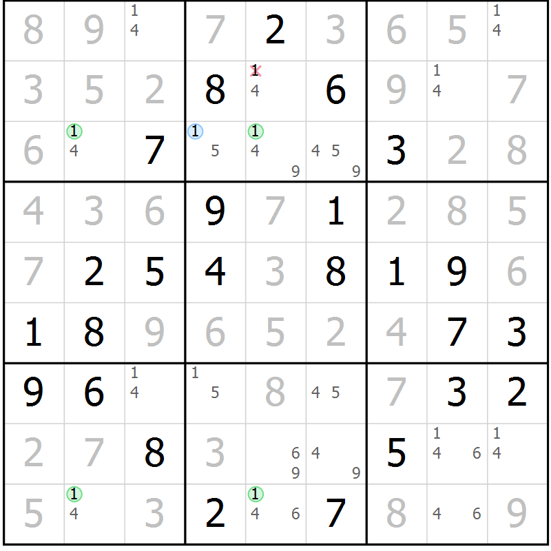 Position des candidats pour la solution de la Gr 62 page 65 du magazine de sudoku Virtuose n° 126