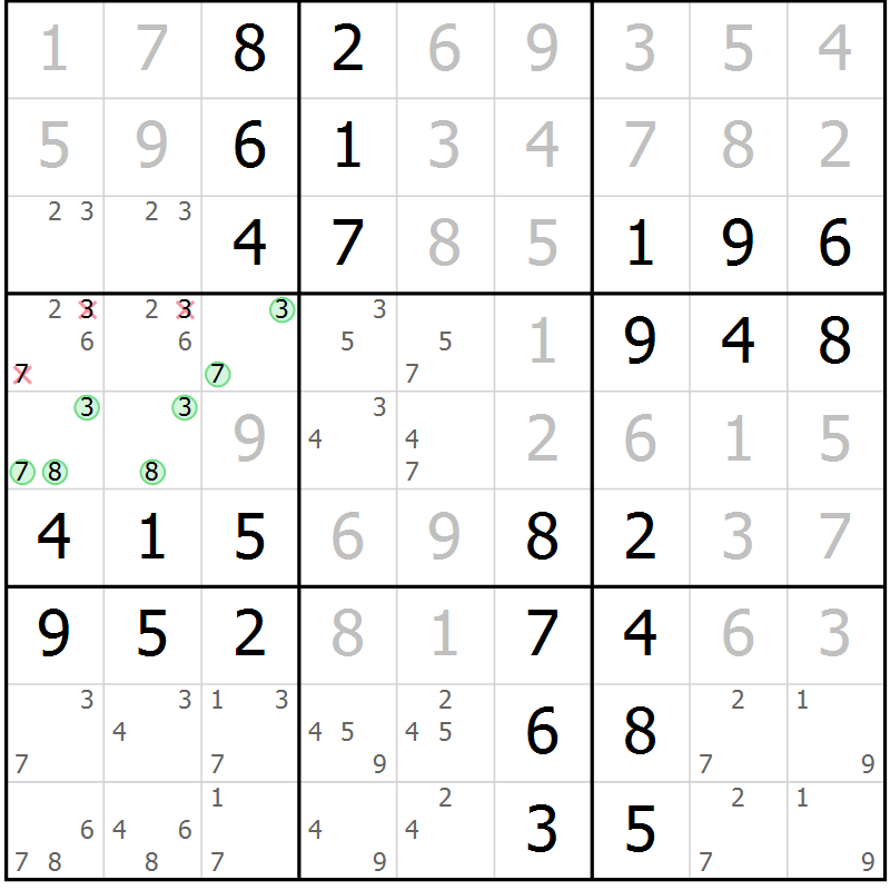 Position des candidats pour la solution de la Gr 63 page 66 du magazine de sudoku Virtuose n° 126