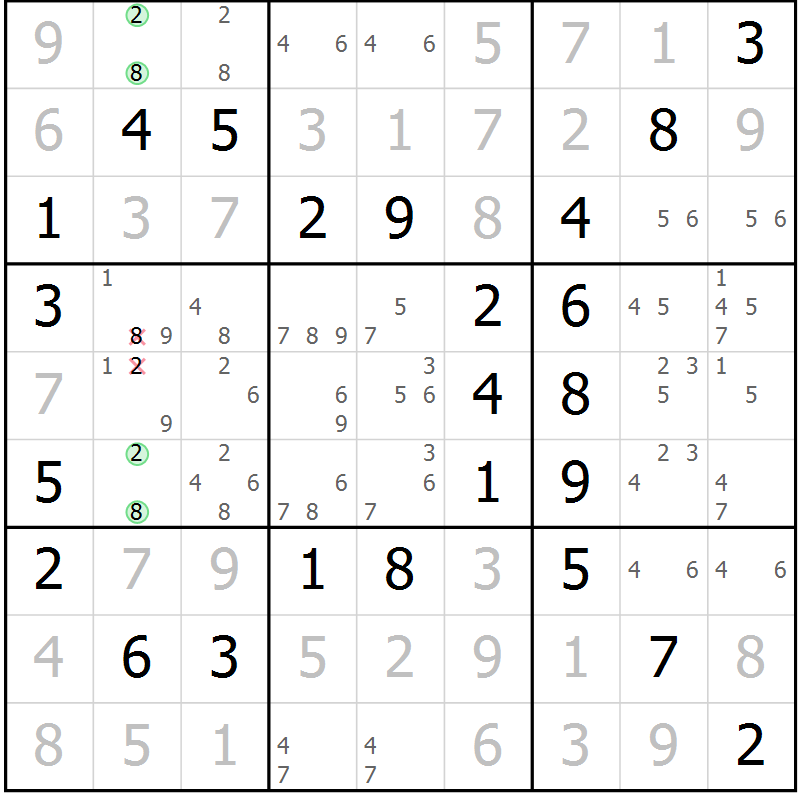 Position des candidats pour la solution de la Gr 64 page 67 du magazine de sudoku Virtuose n° 126