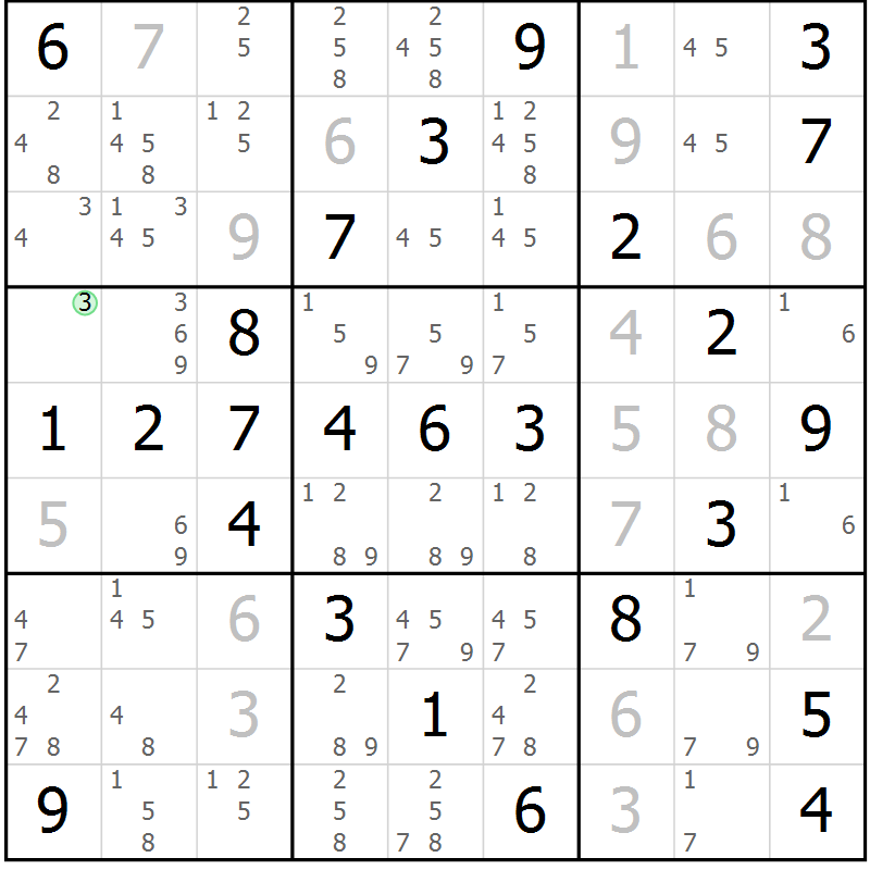 Position des candidats pour la solution de la Gr 67 page 70 du magazine de sudoku Virtuose n° 126