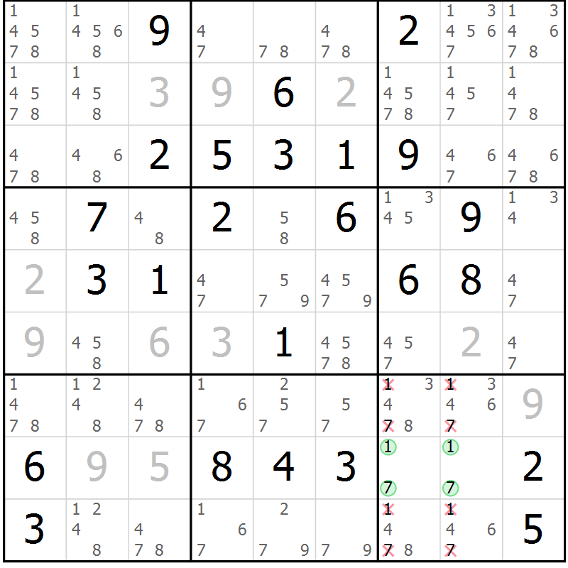 Position des candidats pour la solution de la Gr 69 page 72 du magazine de sudoku Virtuose n° 126