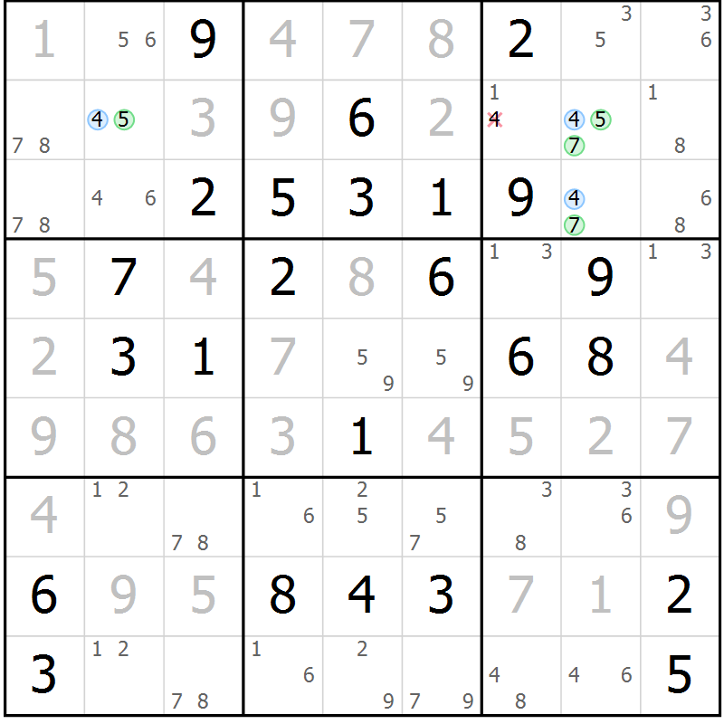 Position des candidats pour la solution de la Gr 69 page 72 du magazine de sudoku Virtuose n° 126