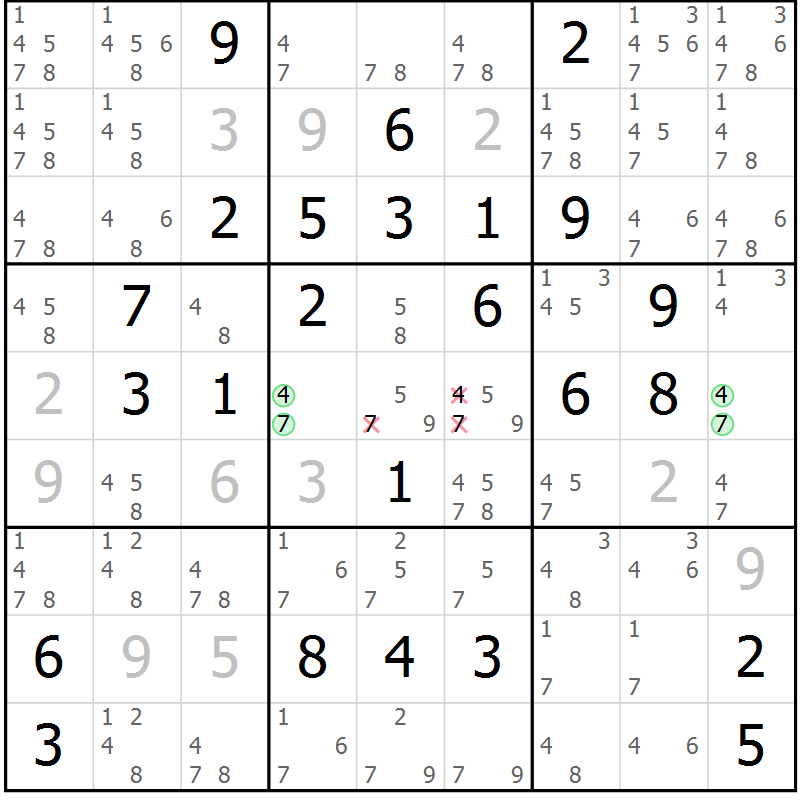 Position des candidats pour la solution de la Gr 69 page 72 du magazine de sudoku Virtuose n° 126