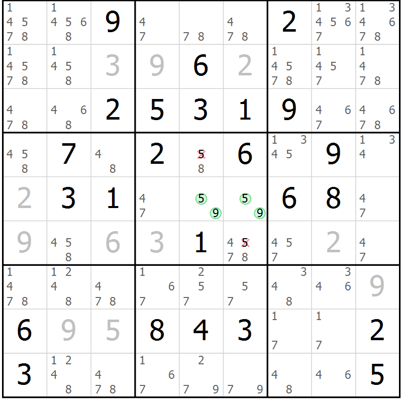 Position des candidats pour la solution de la Gr 69 page 72 du magazine de sudoku Virtuose n° 126