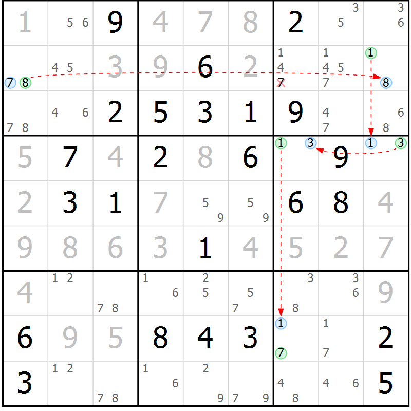 Position des candidats pour la solution de la Gr 69 page 72 du magazine de sudoku Virtuose n° 126