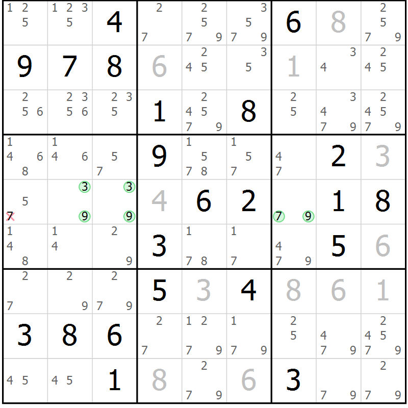 Position des candidats pour la solution de la Gr 7 page 10 du magazine de sudoku Virtuose n° 126