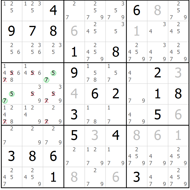 Position des candidats pour la solution de la Gr 7 page 10 du magazine de sudoku Virtuose n° 126
