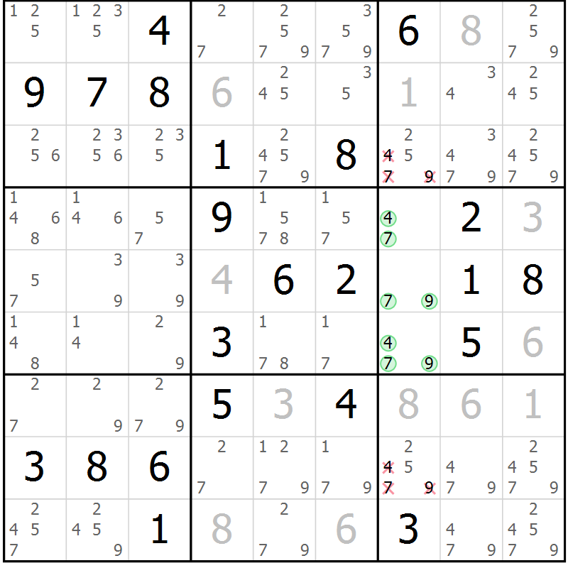 Position des candidats pour la solution de la Gr 7 page 10 du magazine de sudoku Virtuose n° 126