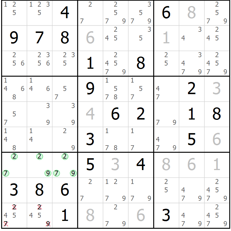 Position des candidats pour la solution de la Gr 7 page 10 du magazine de sudoku Virtuose n° 126