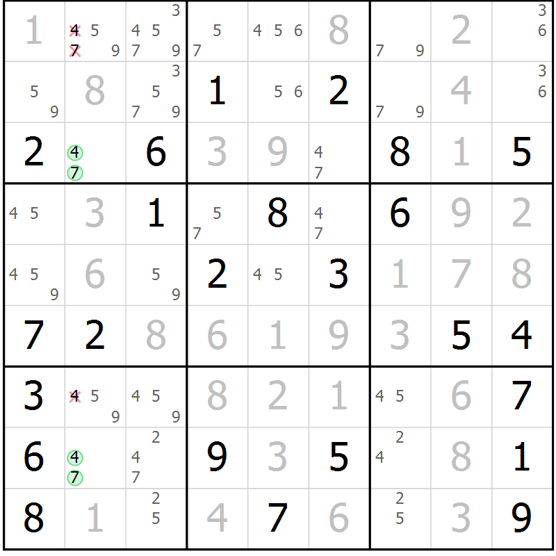 Position des candidats pour la solution de la Gr 70 page 73 du magazine de sudoku Virtuose n° 126