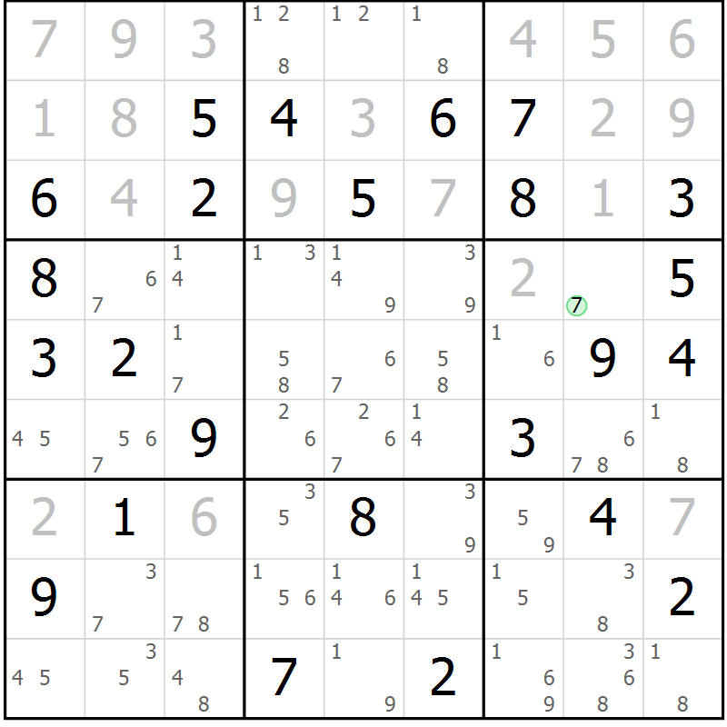 Position des candidats pour la solution de la Gr 71 page 74 du magazine de sudoku Virtuose n° 126