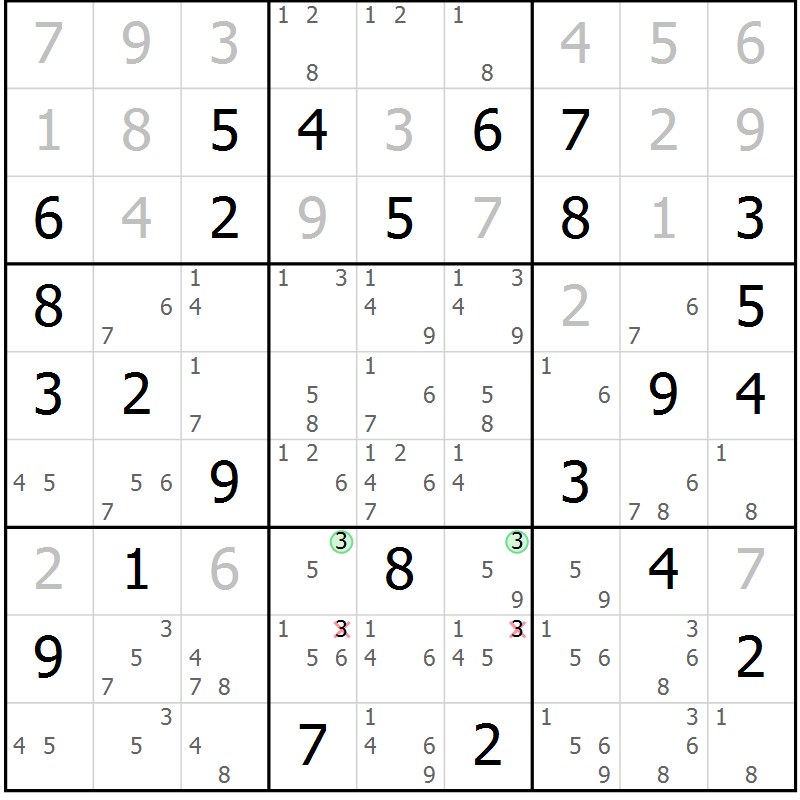 Position des candidats pour la solution de la Gr 71 page 74 du magazine de sudoku Virtuose n° 126