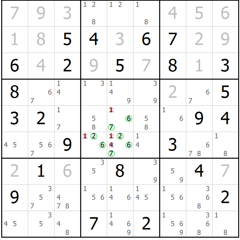 Position des candidats pour la solution de la Gr 71 page 74 du magazine de sudoku Virtuose n° 126