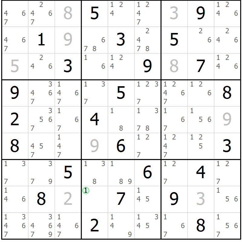 Position des candidats pour la solution de la Gr 72 page 75 du magazine de sudoku Virtuose n° 126
