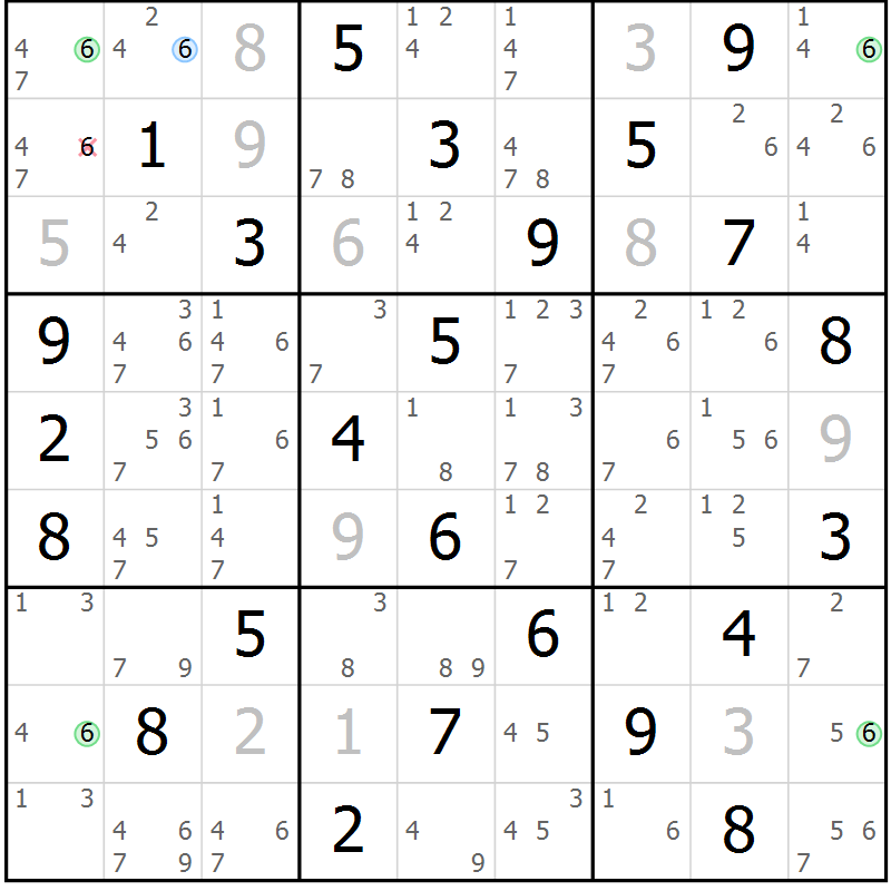 Position des candidats pour la solution de la Gr 72 page 75 du magazine de sudoku Virtuose n° 126