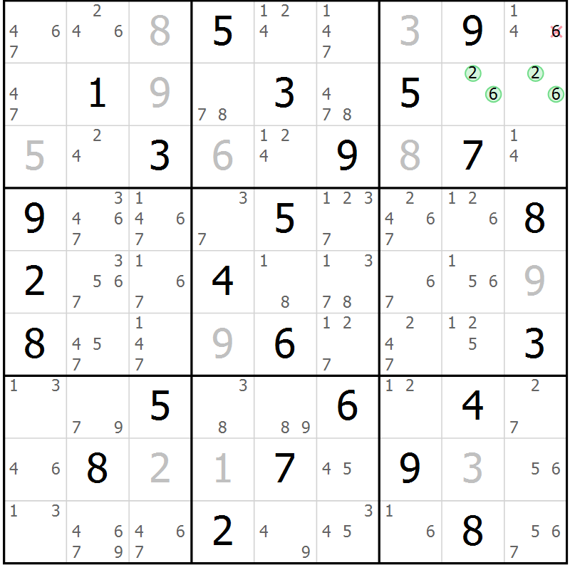 Position des candidats pour la solution de la Gr 72 page 75 du magazine de sudoku Virtuose n° 126