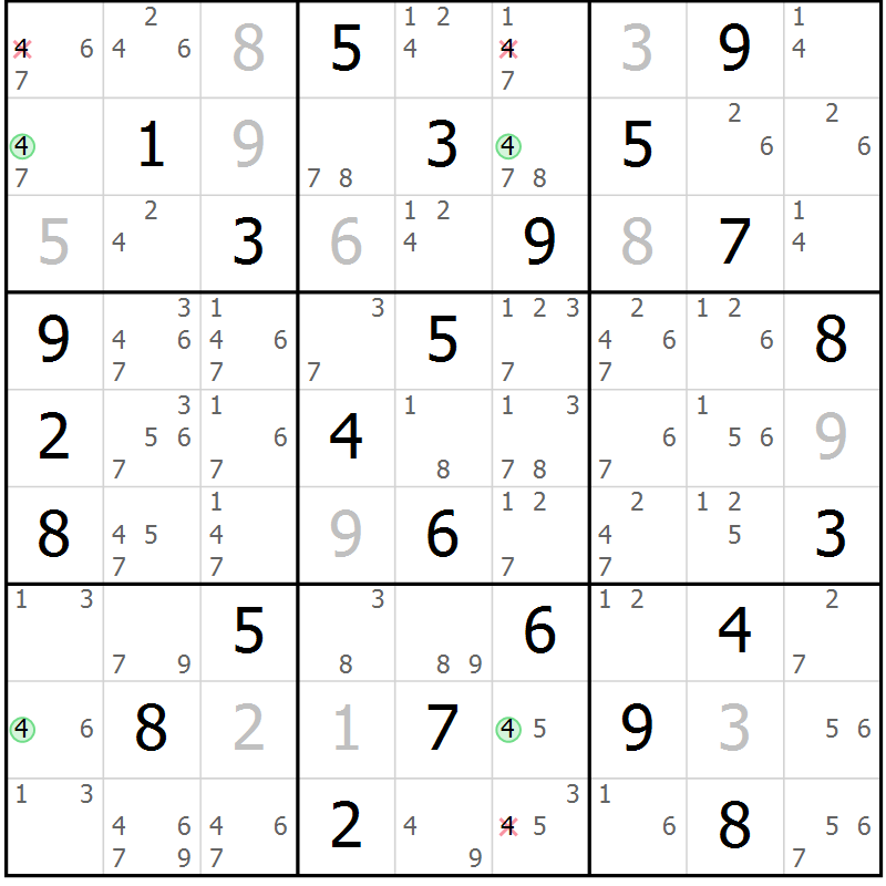 Position des candidats pour la solution de la Gr 72 page 75 du magazine de sudoku Virtuose n° 126
