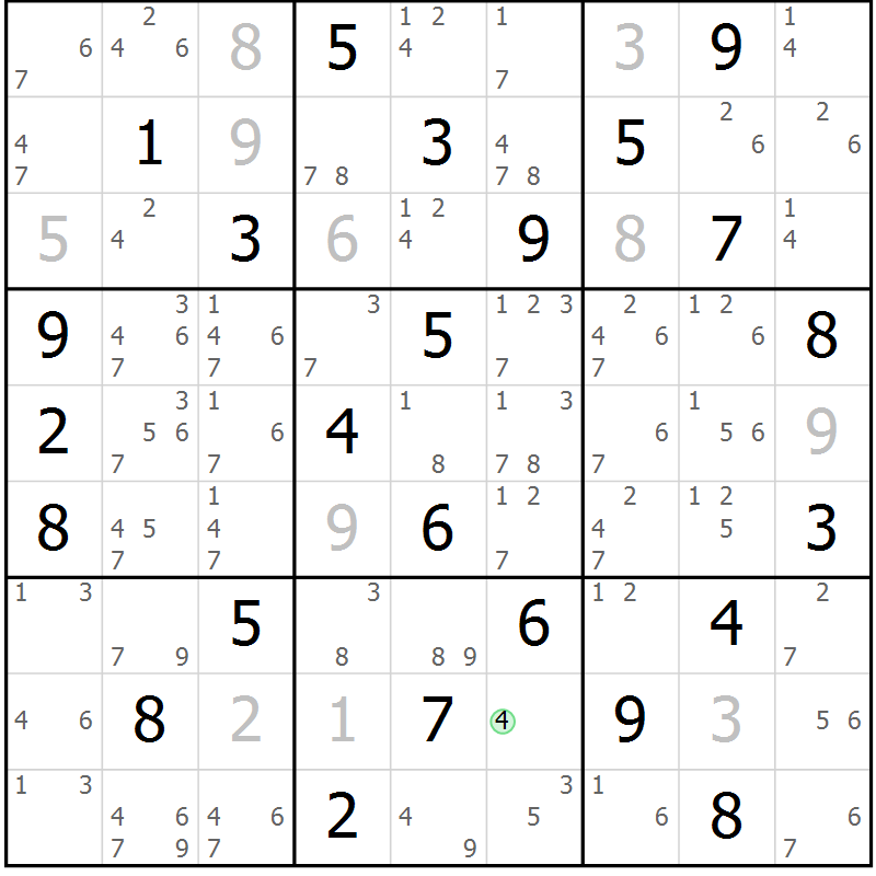 Position des candidats pour la solution de la Gr 72 page 75 du magazine de sudoku Virtuose n° 126