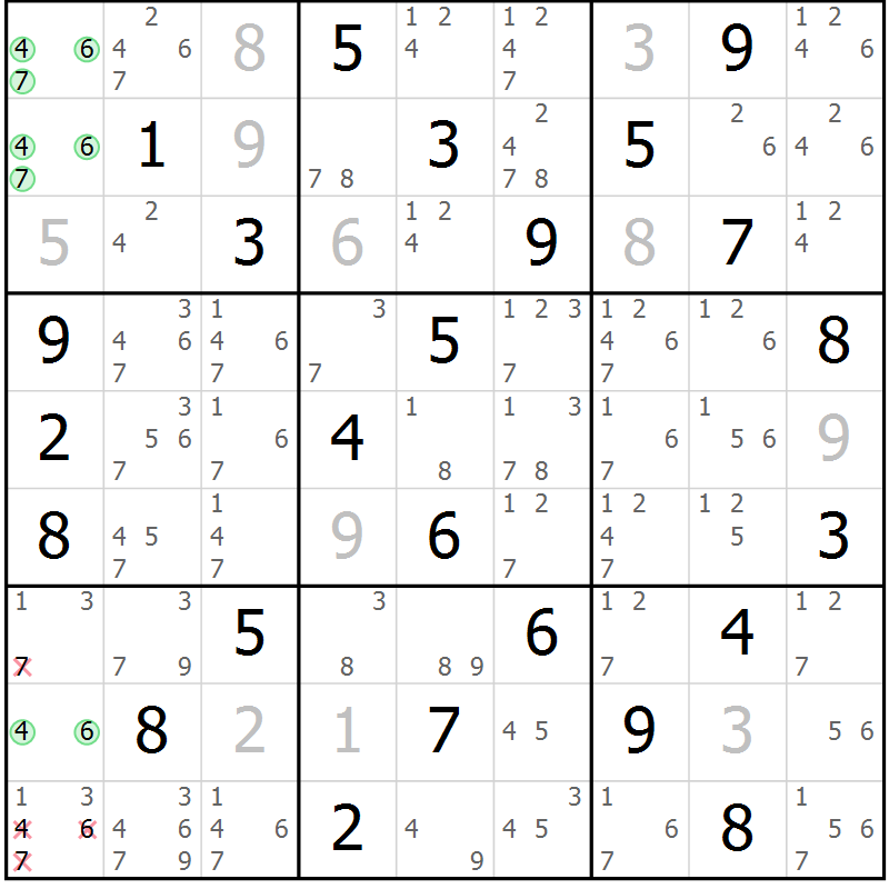 Position des candidats pour la solution de la Gr 72 page 75 du magazine de sudoku Virtuose n° 126