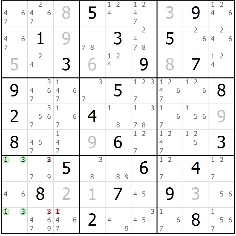Position des candidats pour la solution de la Gr 72 page 75 du magazine de sudoku Virtuose n° 126