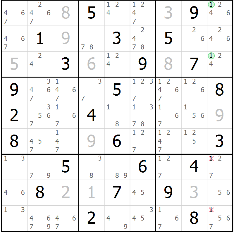 Position des candidats pour la solution de la Gr 72 page 75 du magazine de sudoku Virtuose n° 126