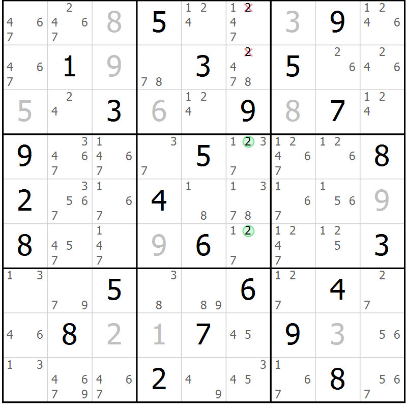 Position des candidats pour la solution de la Gr 72 page 75 du magazine de sudoku Virtuose n° 126
