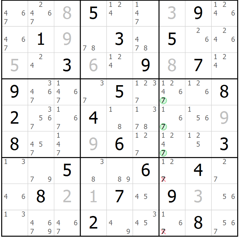 Position des candidats pour la solution de la Gr 72 page 75 du magazine de sudoku Virtuose n° 126