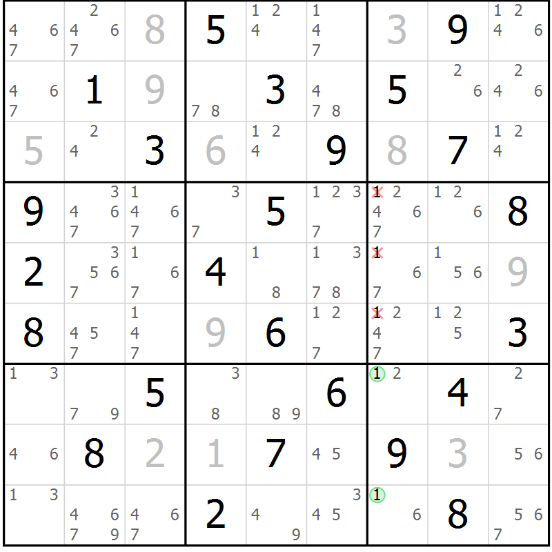 Position des candidats pour la solution de la Gr 72 page 75 du magazine de sudoku Virtuose n° 126