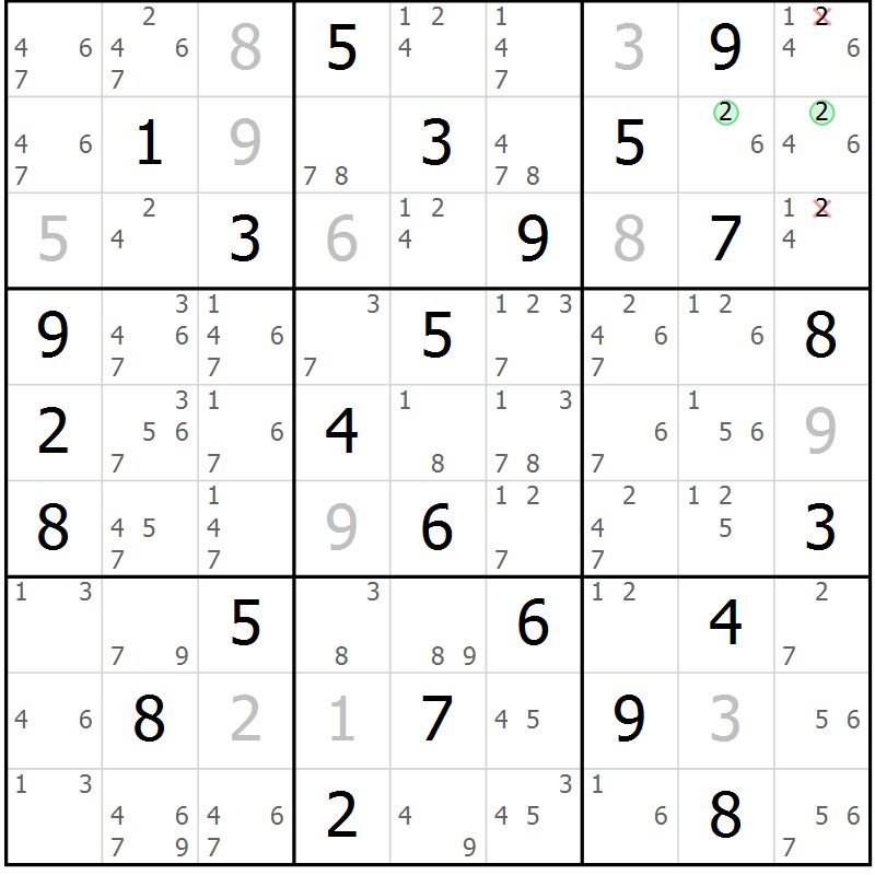 Position des candidats pour la solution de la Gr 72 page 75 du magazine de sudoku Virtuose n° 126