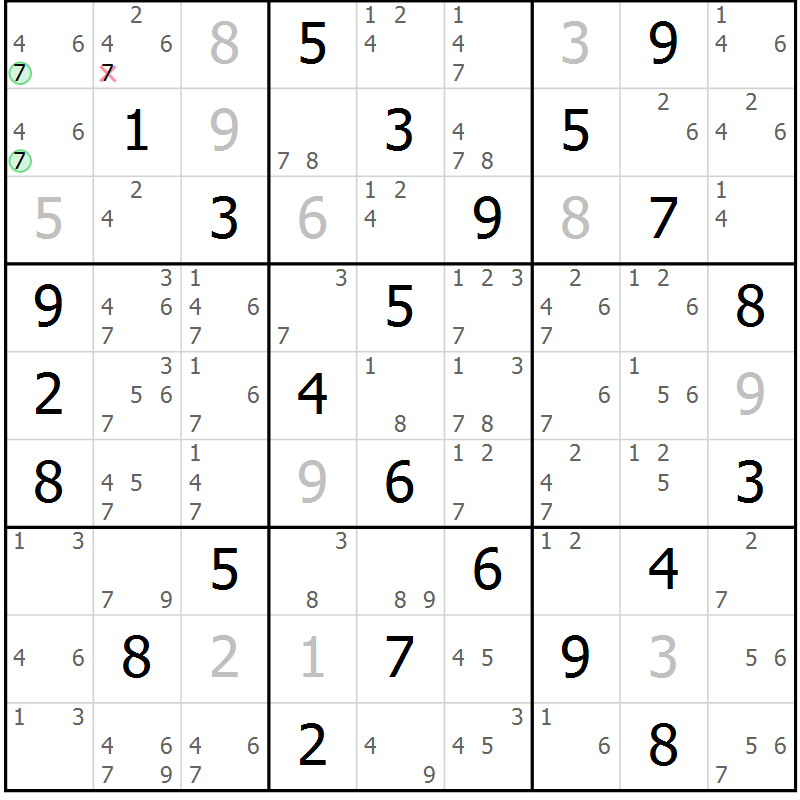 Position des candidats pour la solution de la Gr 72 page 75 du magazine de sudoku Virtuose n° 126